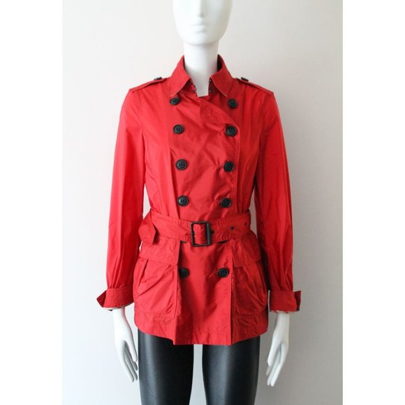 Burberry Brit Military Red Nylon Belted Double Breasted Trench Jacket Size 6 - Picture 2 of 14